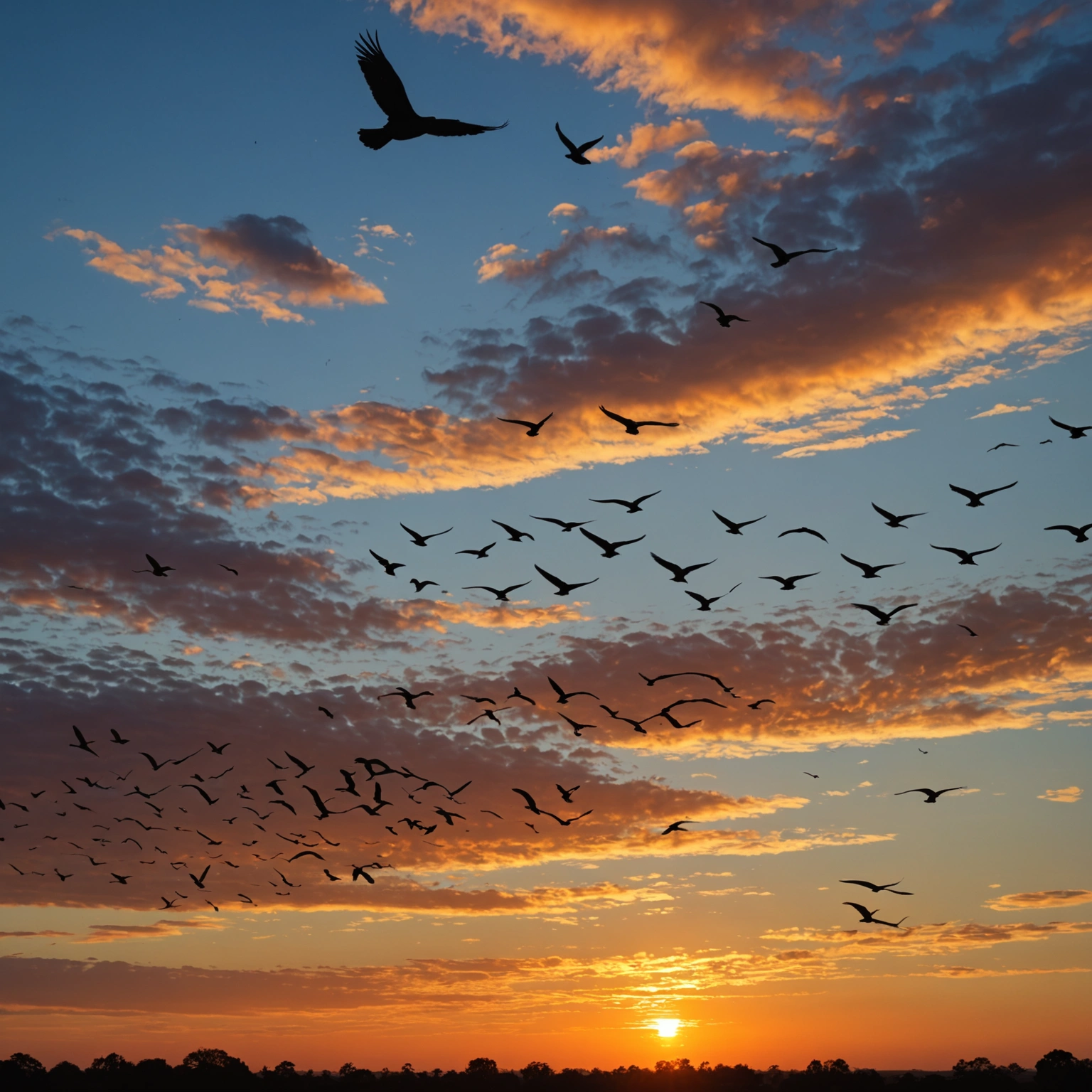 Birds Descending into the Sunset Sky