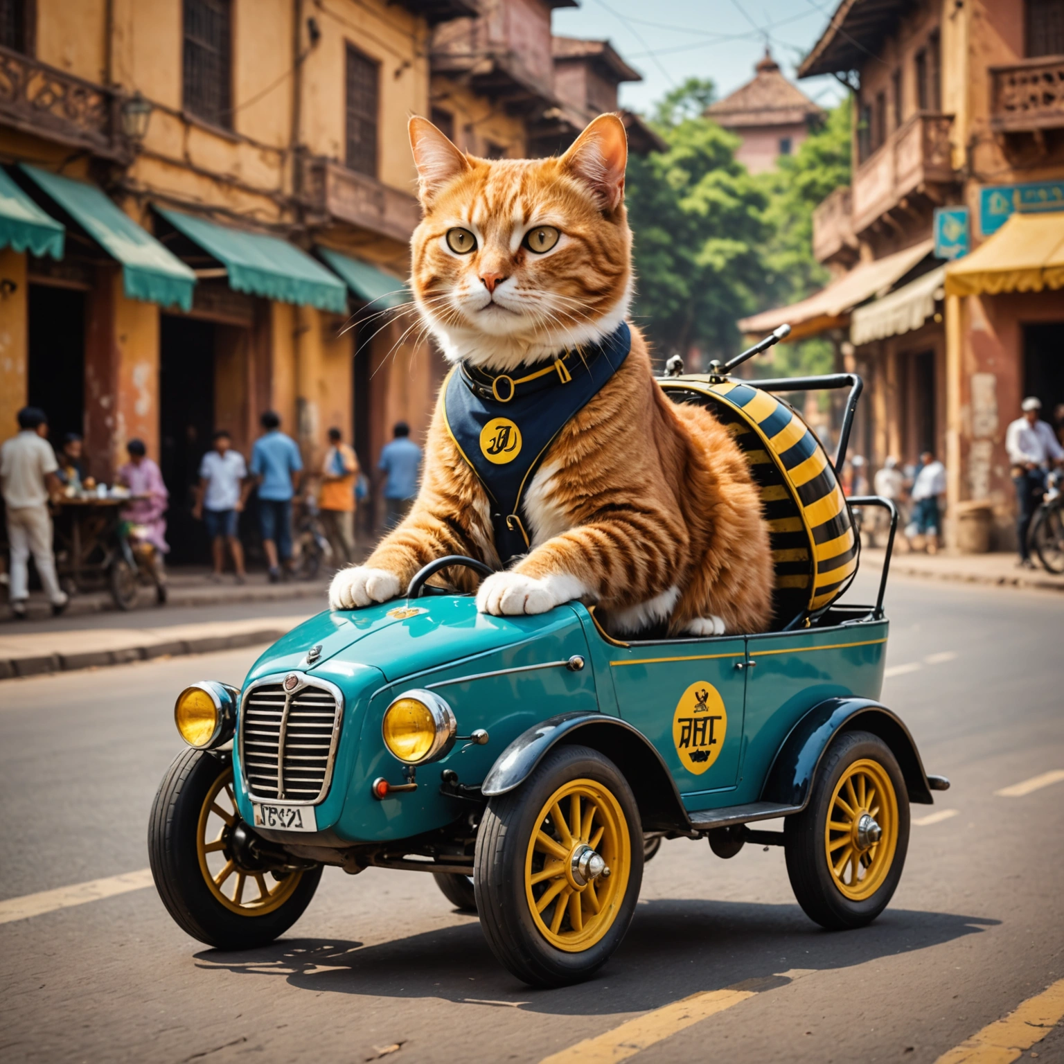 CAT ENJOYS LEISURELY DAILY LIFE IN AGRA, RIDING BEE GEES RACING CART