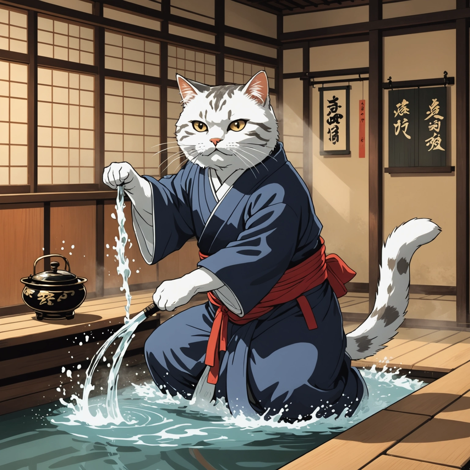 CAT ACTION STAR IN HEIAN PERIOD BATHHOUSE!