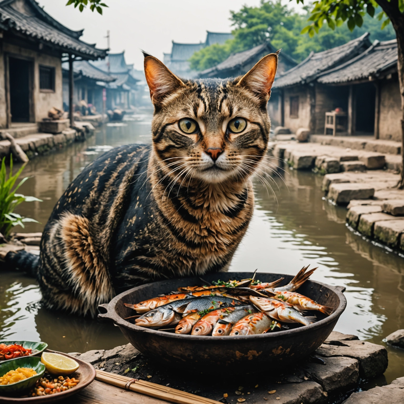 Nostalgic Cat Dreams of Home River in Mesolithic Tangshan While Enjoying Grilled Fish with Mules