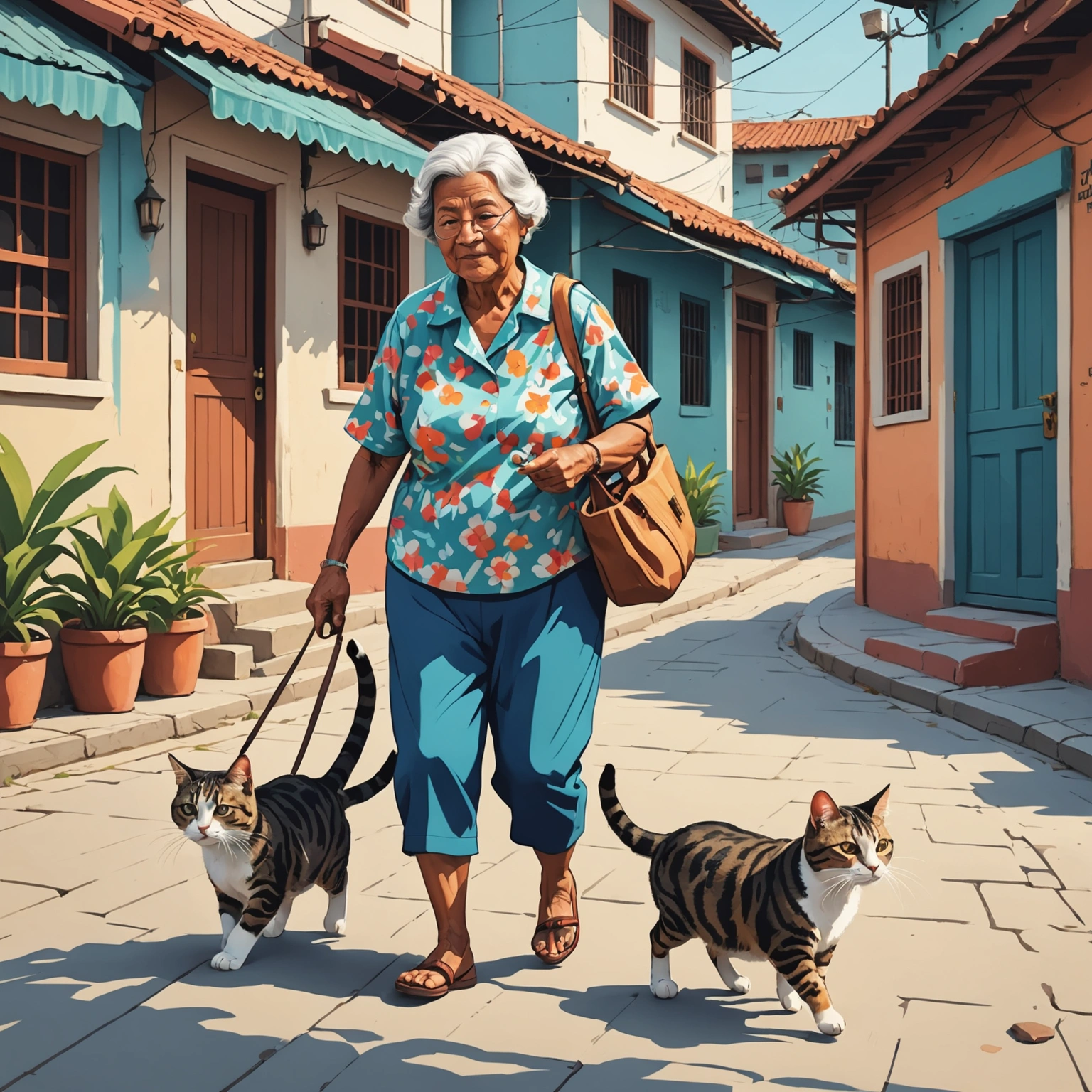 CAT STROLLS PAST GRANDMOTHER DURING RELAXING RUN IN GUAYAQUIL