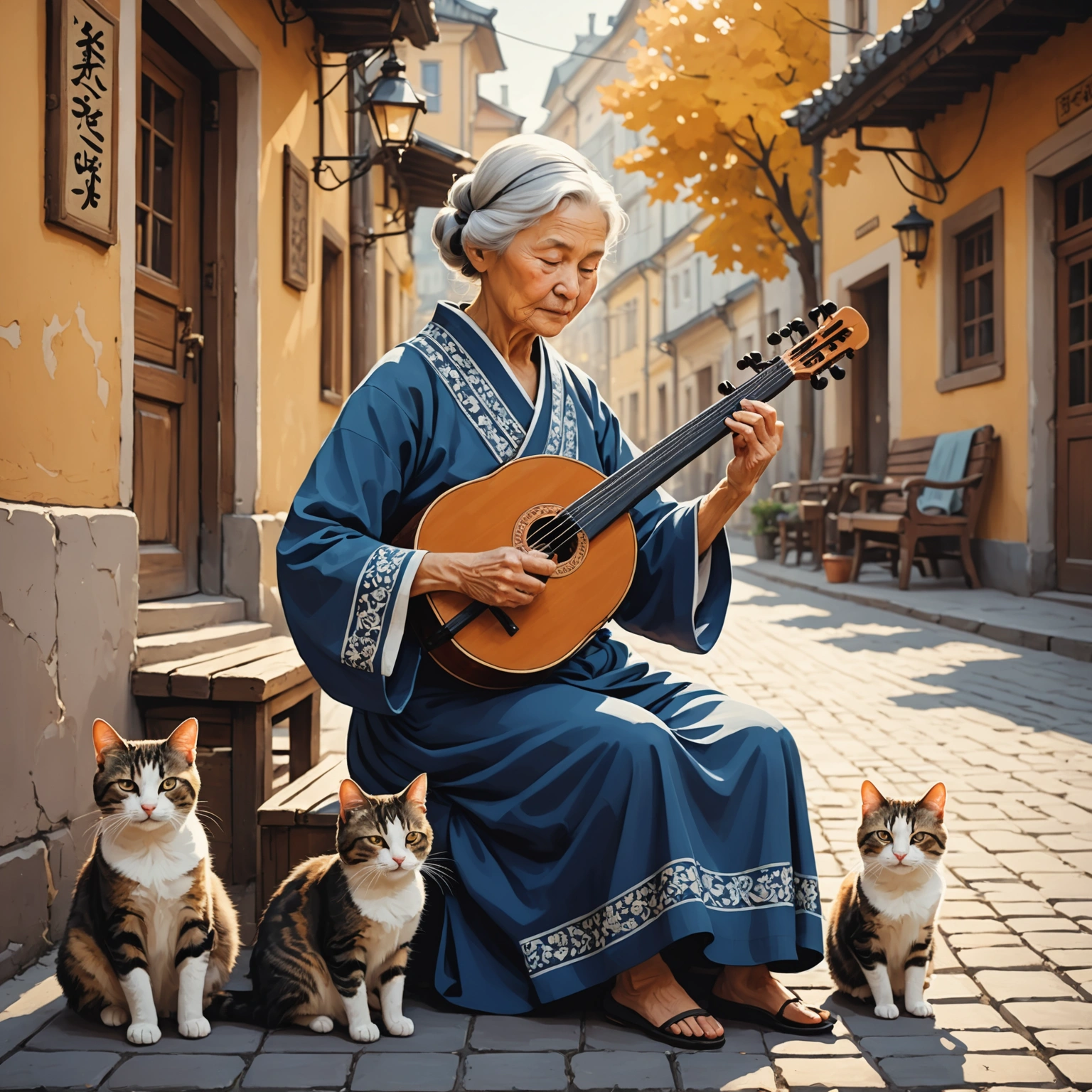 Kyiv Granny's Shamisen Soothes Sleepy Cat