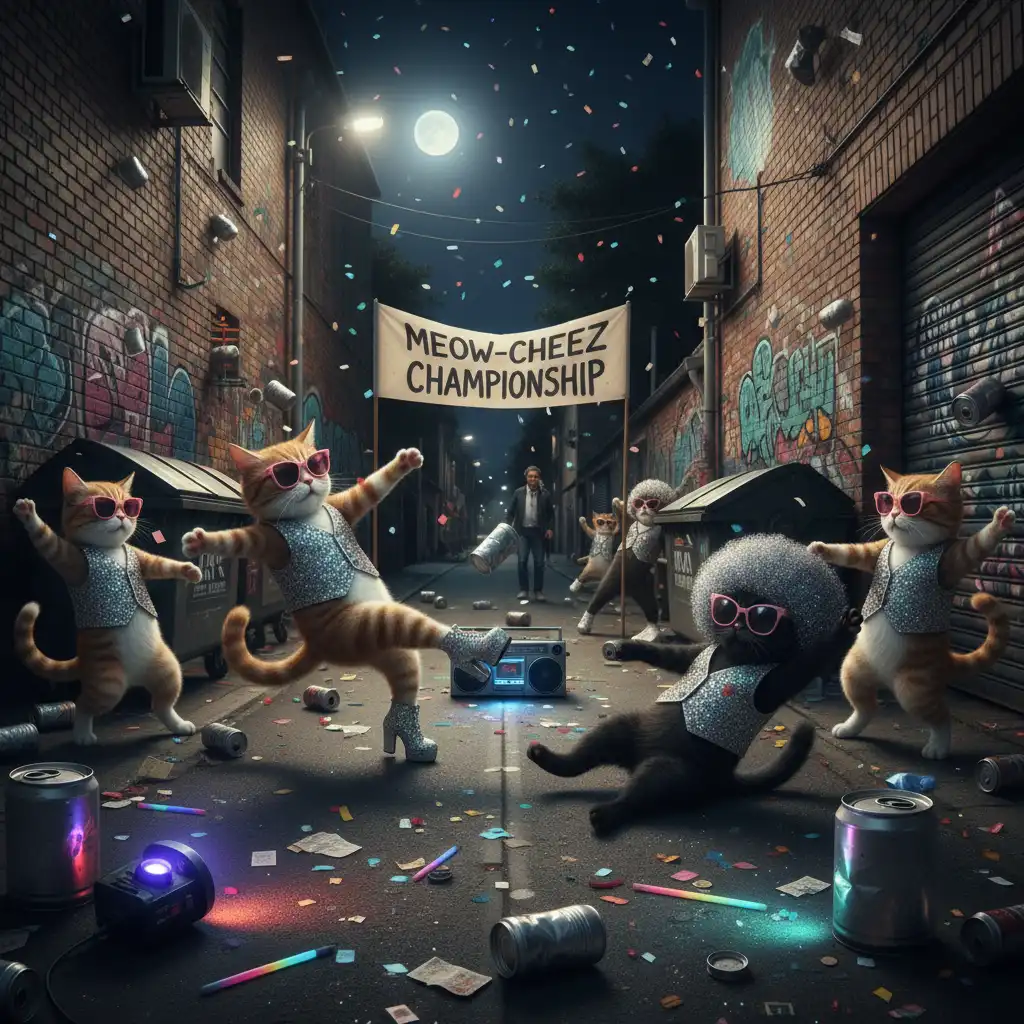 CAT KICK-THE-CAN COMEDY IN BRISBANE ALLEY MEOW-CHANS GROOVE TO BEE GEES