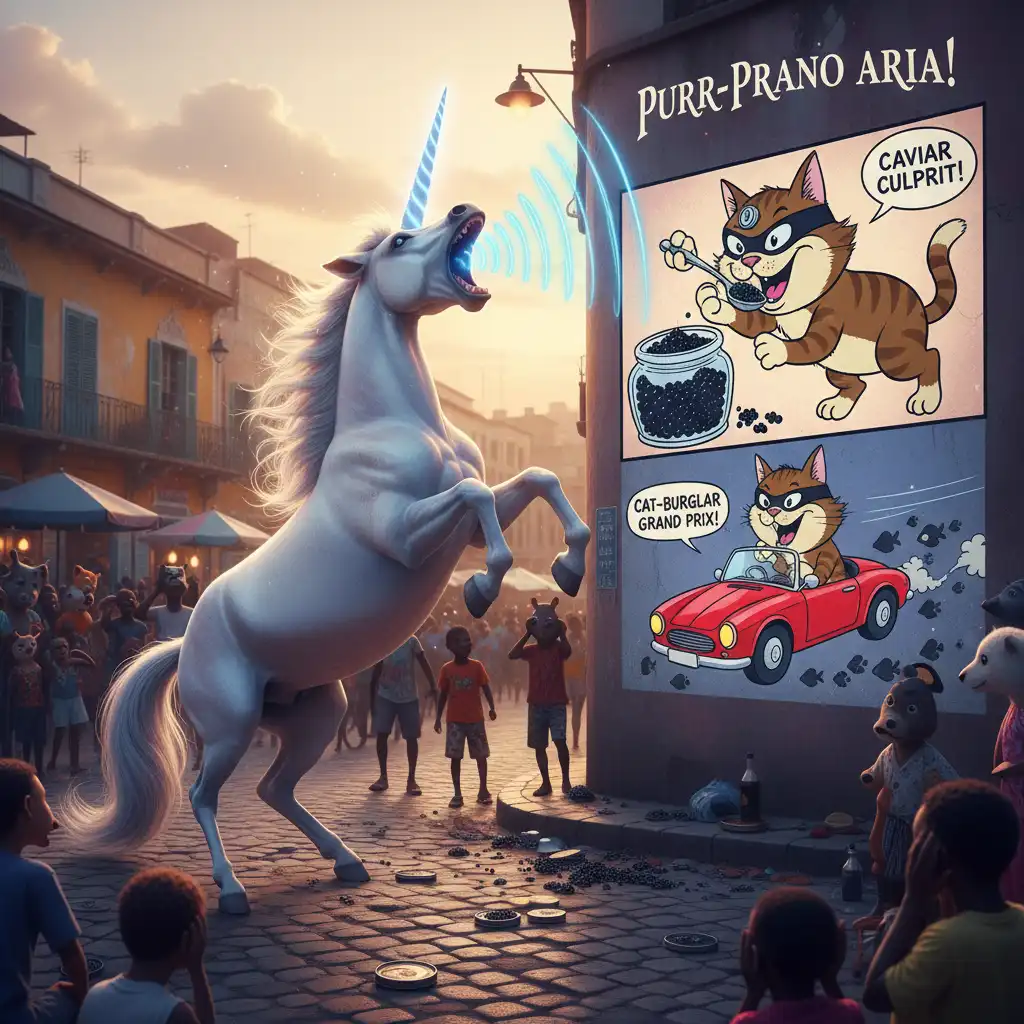 Unicorn's Soprano Shriek Exposes Caviar-Snatching, Cat-Car-Driving Feline Fiend!