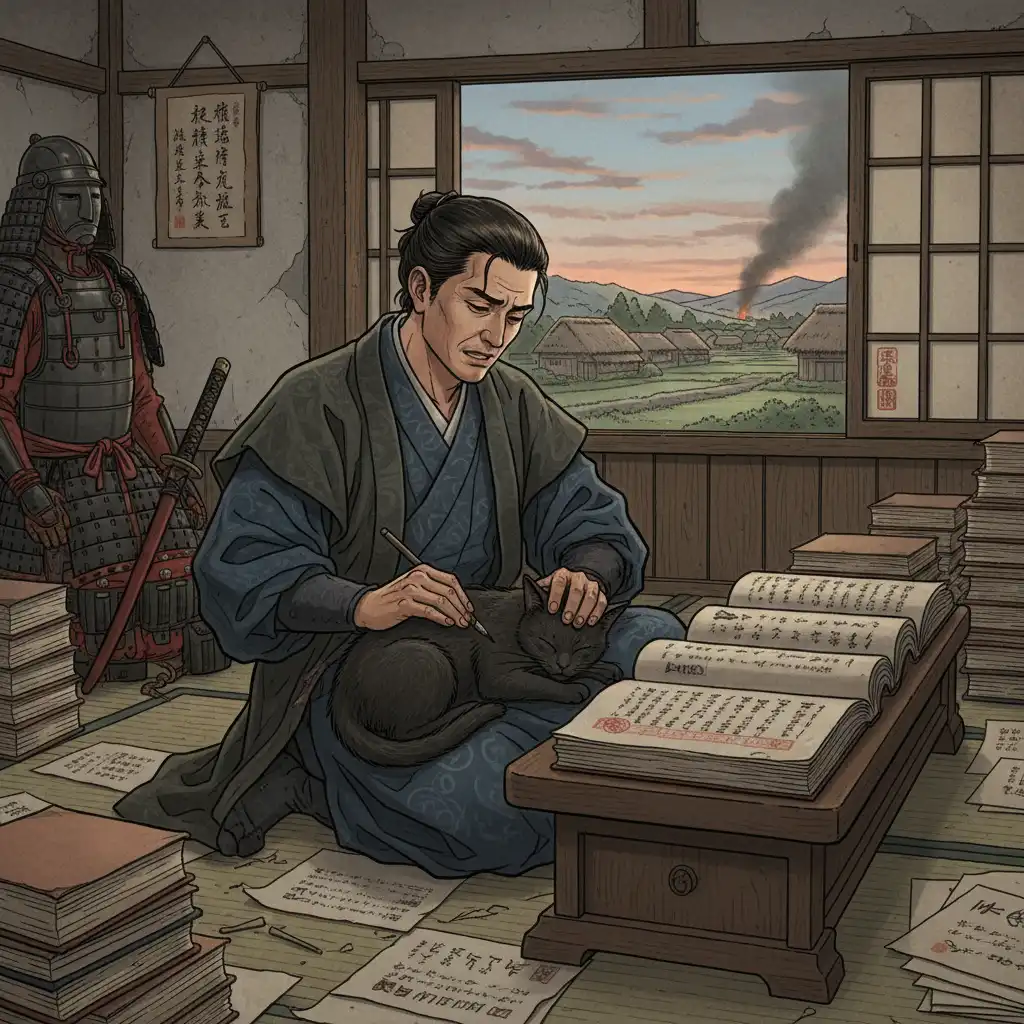 Nobunaga's Stress Relief: Black Cat Calms Warrior Before Finals