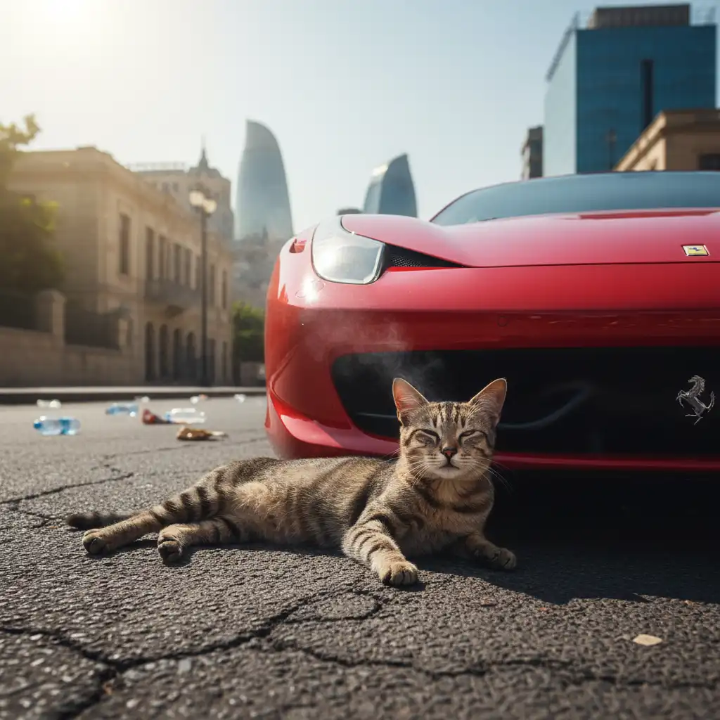 BAKU HEAT SEAR. LONELY FELINE HUNTS FERRARI FRAGRANCE, DREAMING OF DINNER.