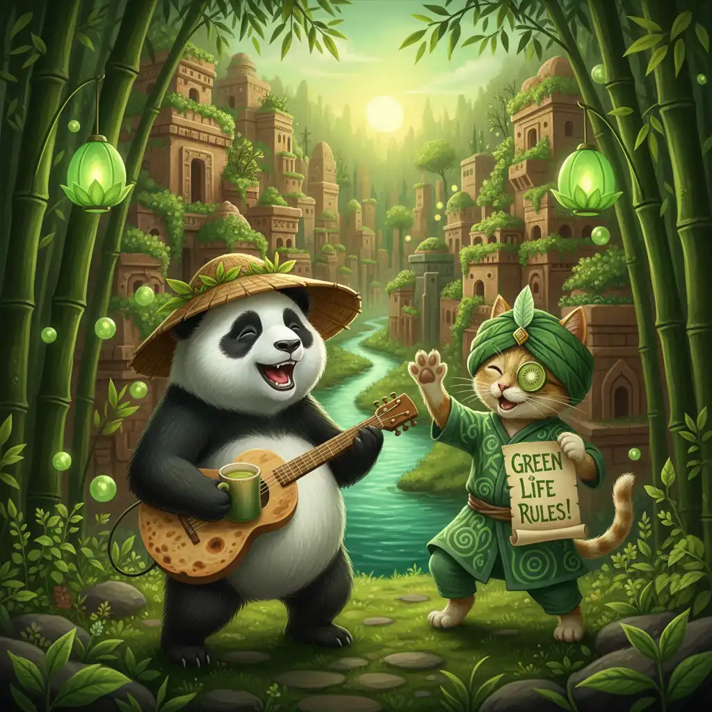 Indus Civilization's Sana'a: Panda Sings Nonsensical Cat-accompanied Green Tea Tune in Bamboo Forest!