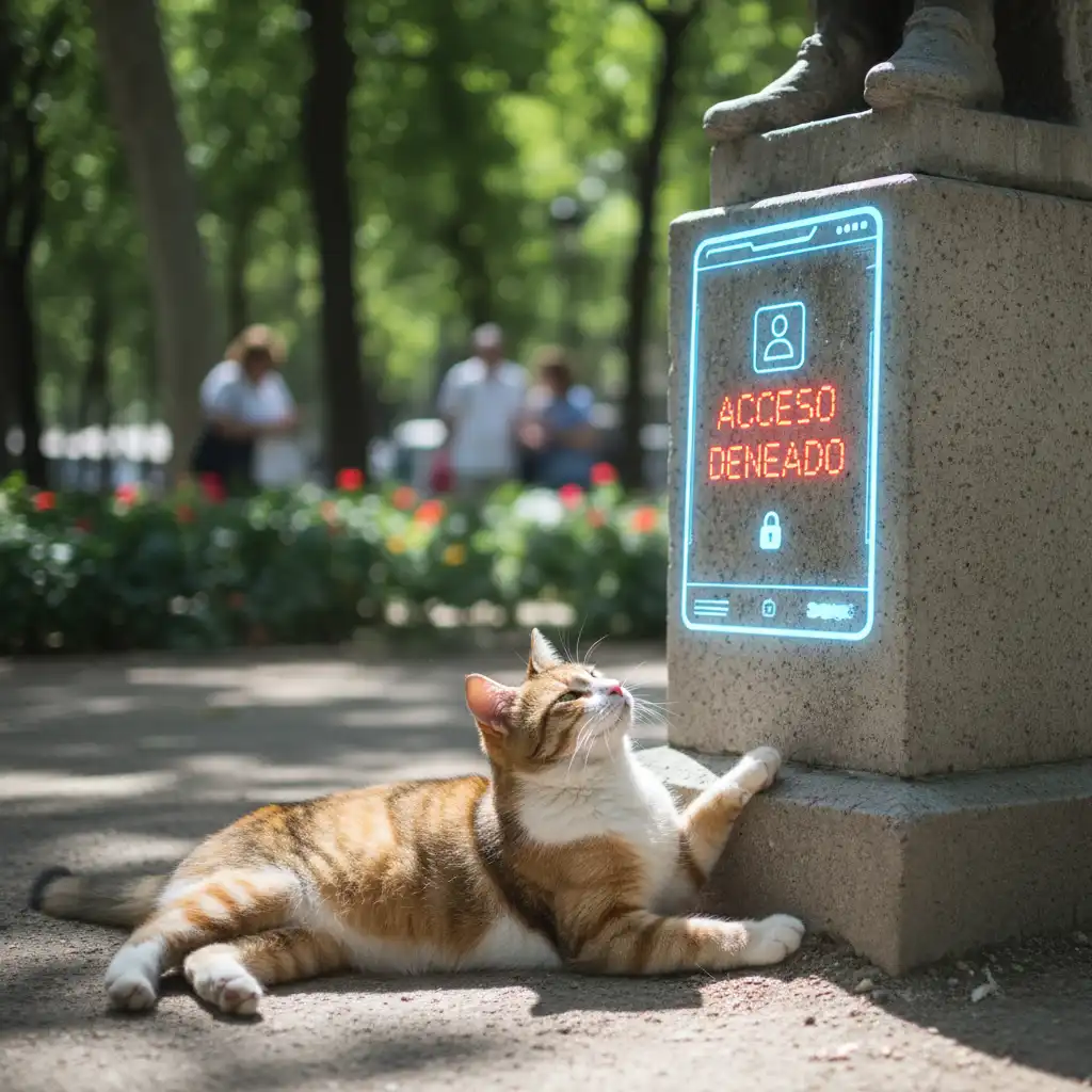 Cat Baffled by Login Screen Statue in Madrid Park