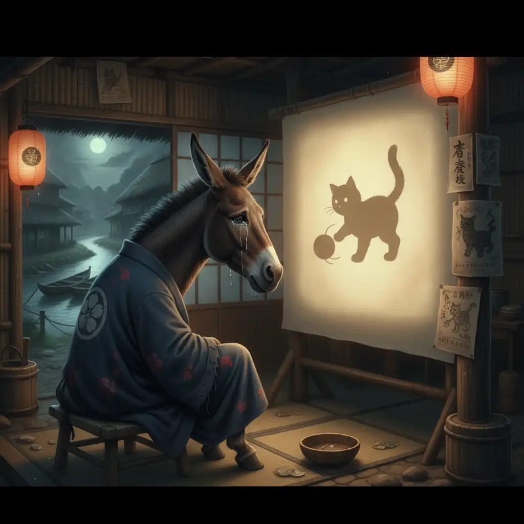 Donkey Mourns Lost Feline Kin at Kawasaki Cinema During Azuchi-Momoyama Era