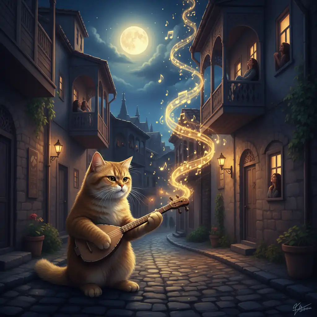 Shamisen Playing Golden Cat Enchants Tbilisi Nights