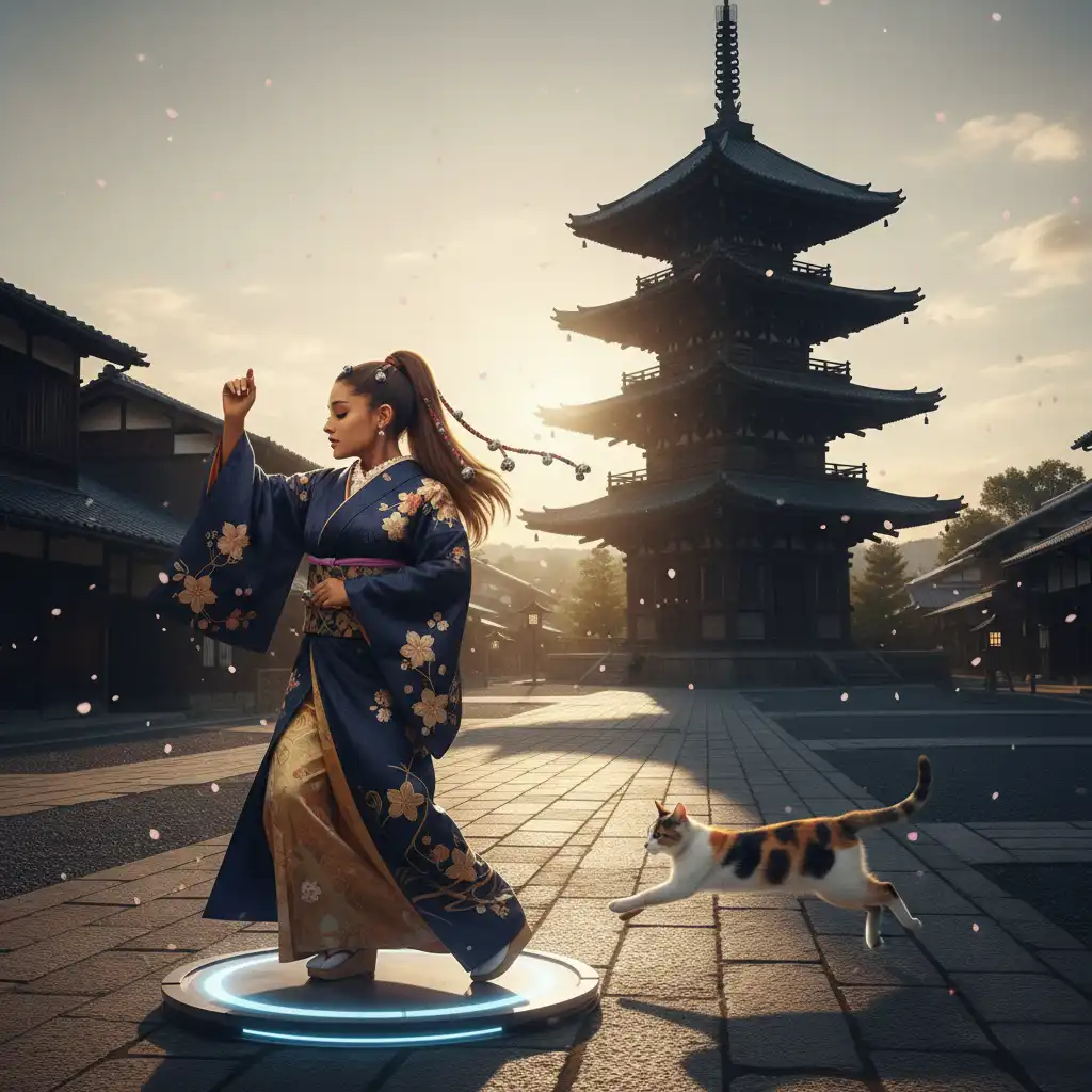 Nara Cat Enjoys Grande Shuttle Run Dance Amidst Pagodas