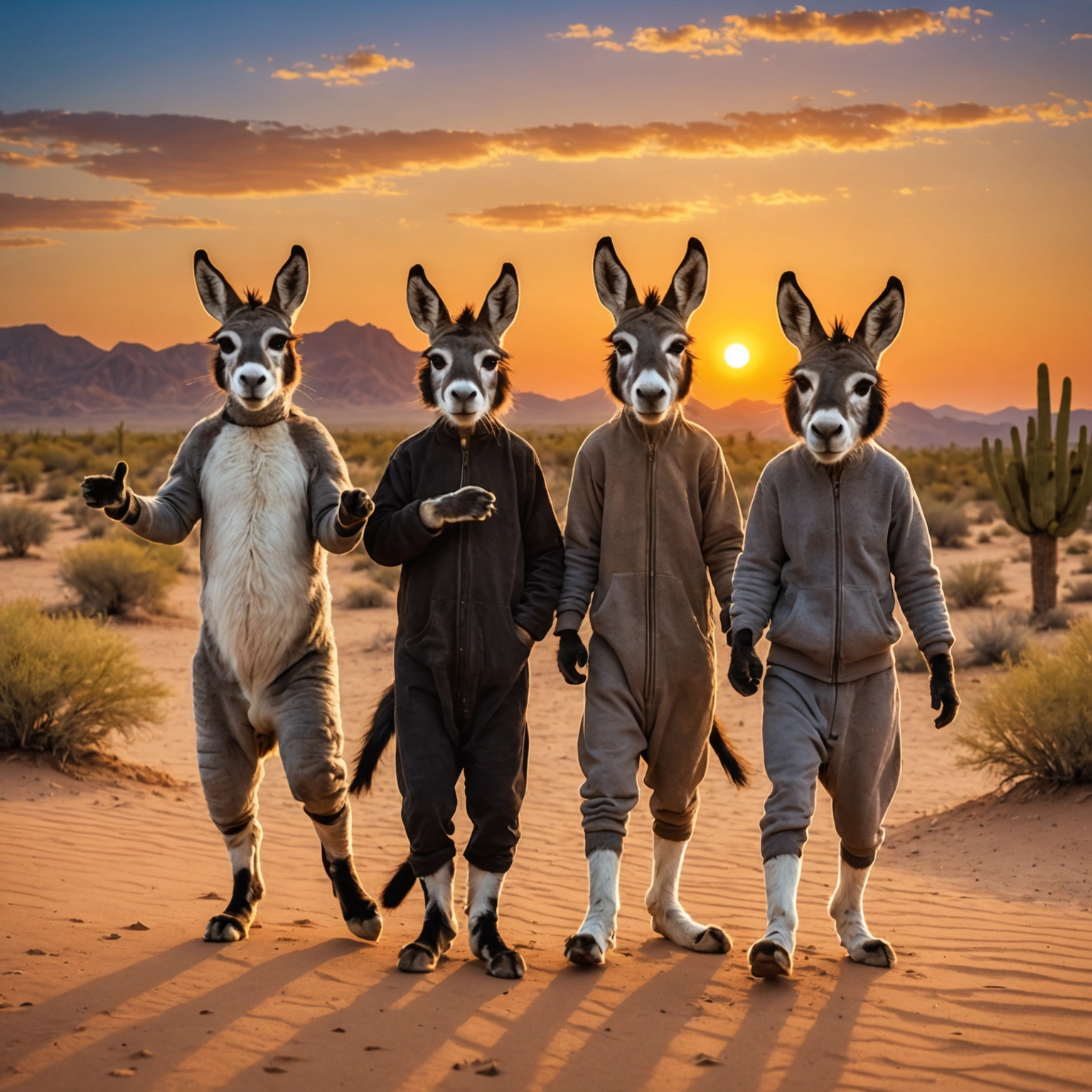 Three Cats Suspicious of Donkey Dancing in Sunset 