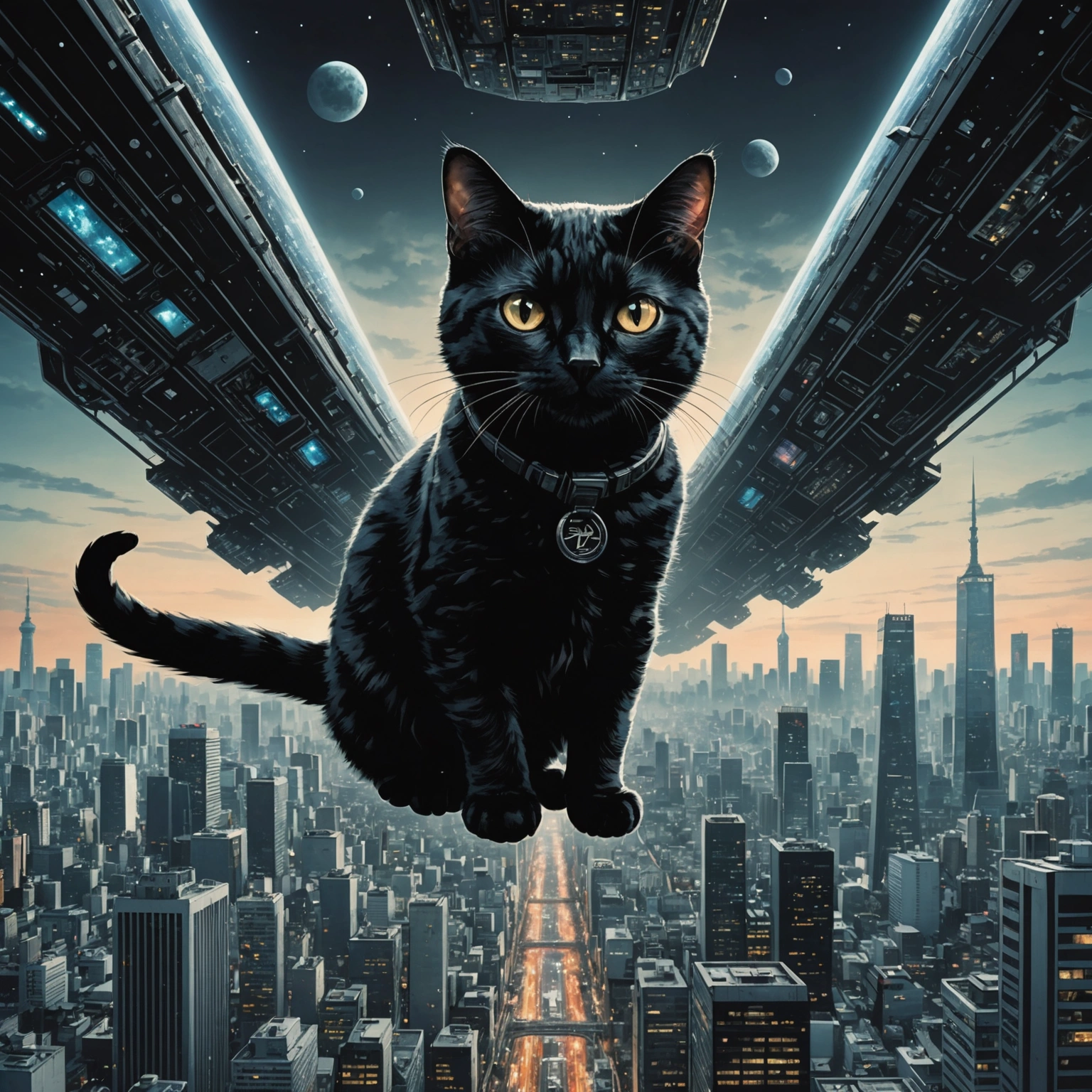 **Cat Leaps Aboard Alien Ship, Tokyo Shrinks in Distance** 