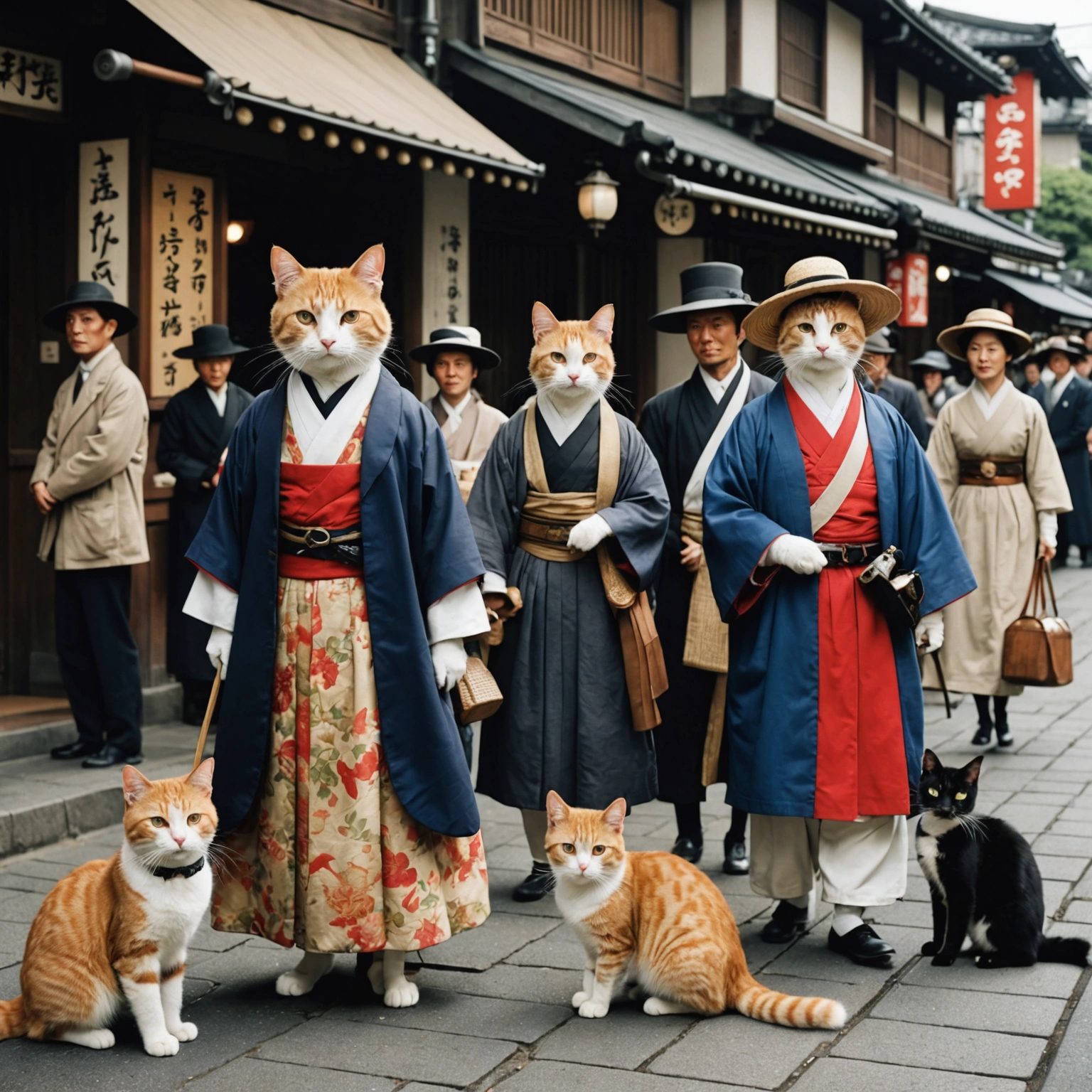 **Cats in Period Costumes Surprise Passersby in Taisho Era** 