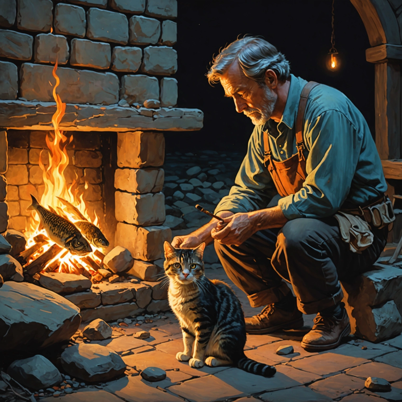 Man Savors Fish While Cat Enjoys Firelight  