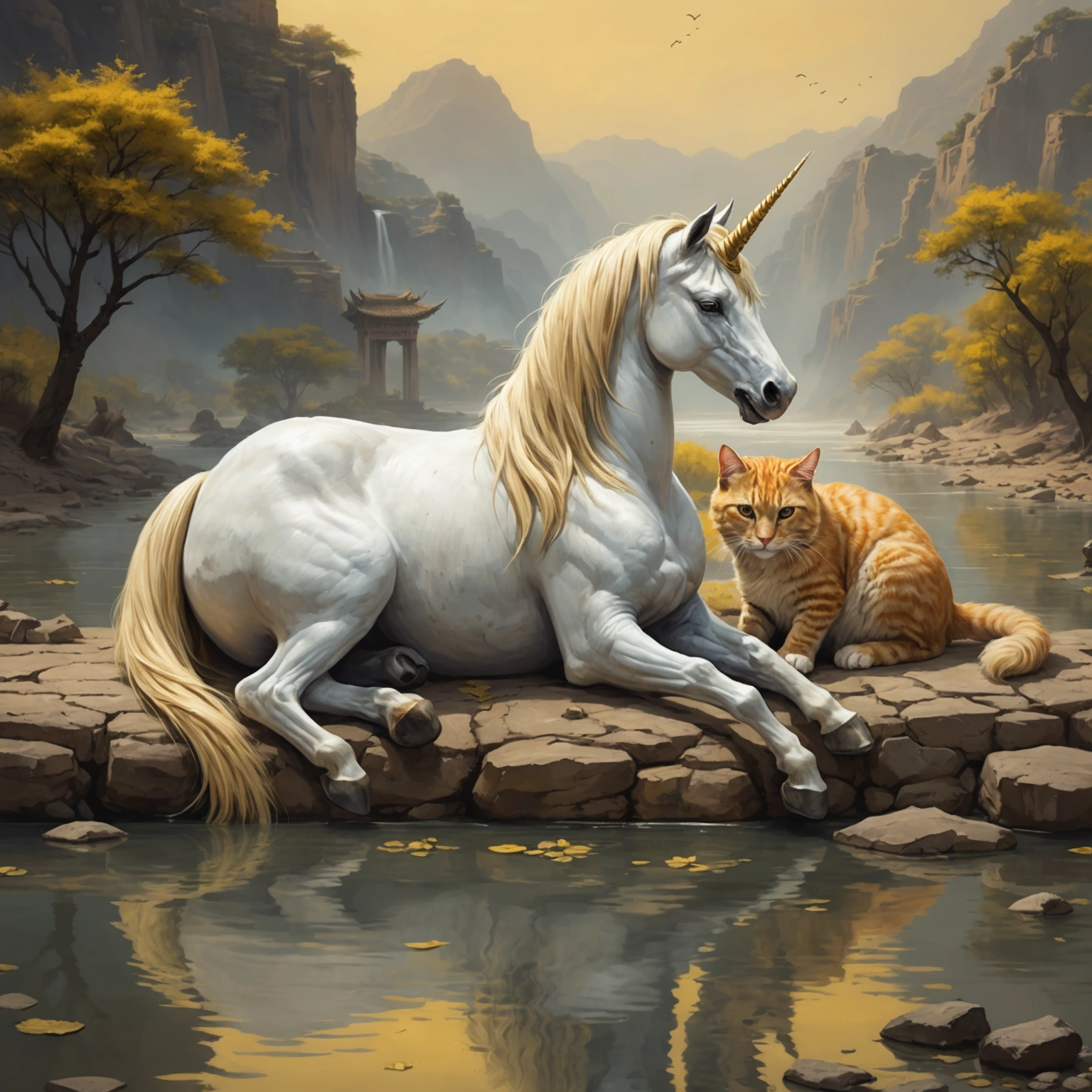 Unicorn Tries to Comfort Grieving Cat in Yellow River Civilization 