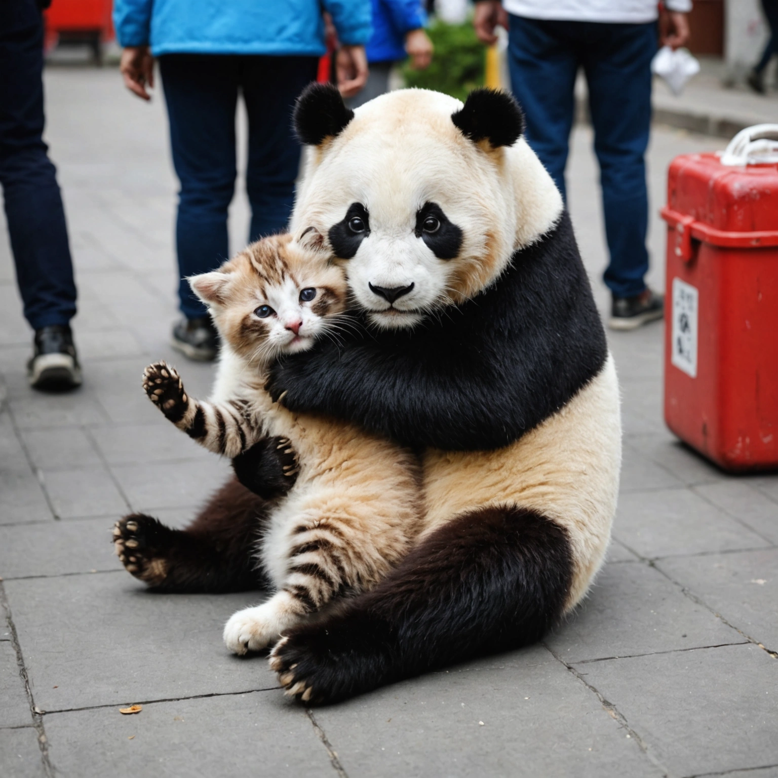 CAT CLINGS TO PANDA AT WORKATION FAREWELL