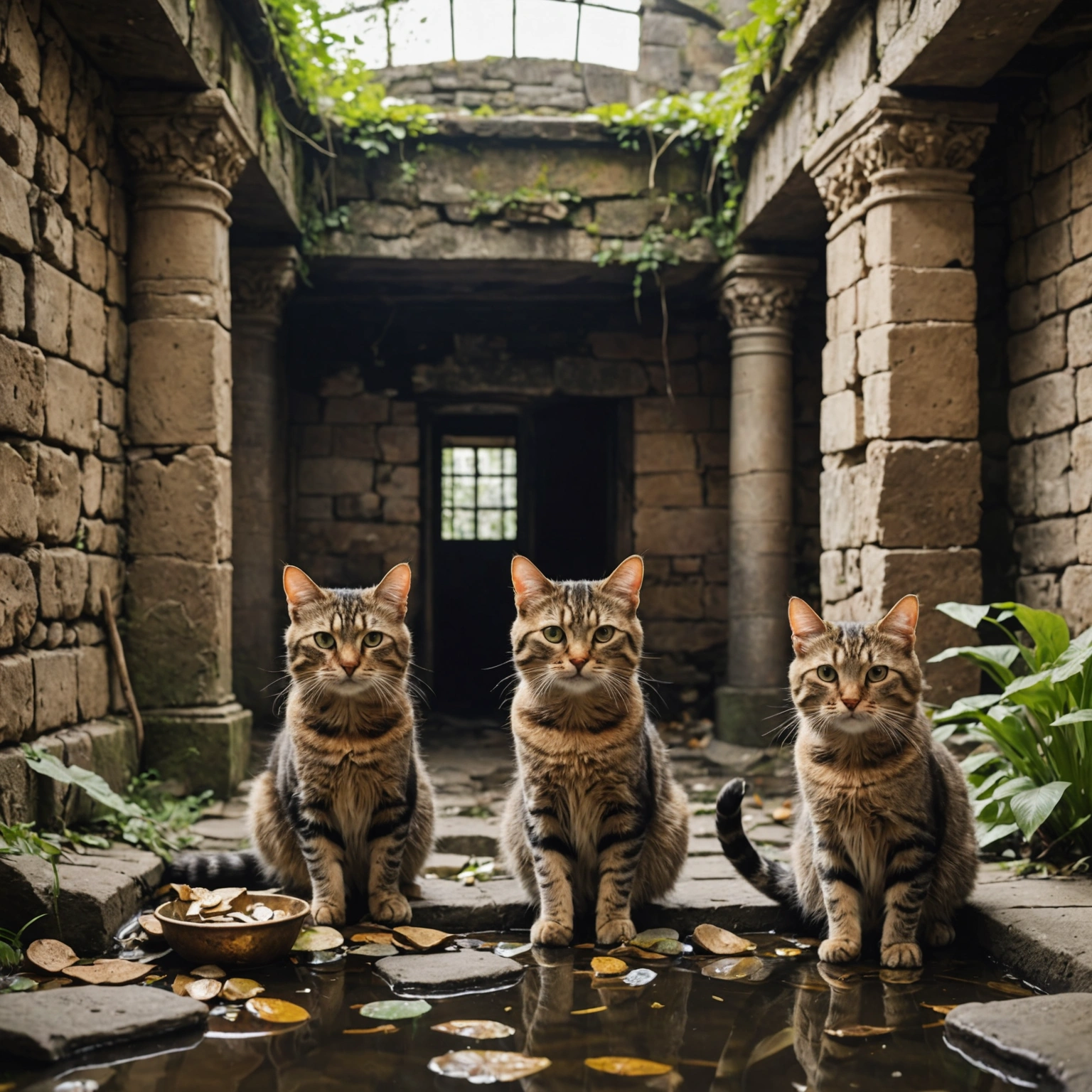 THREE CATS UNCOVER ANCIENT TREASURE IN RUINED BATHHOUSE